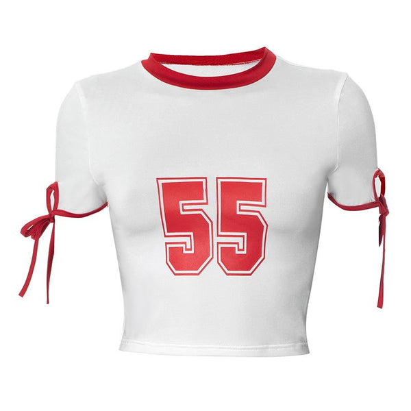 Short sleeve "55" pattern self tie crop top