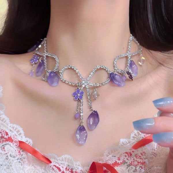 Purple crystal pendant rhinestone choker necklace