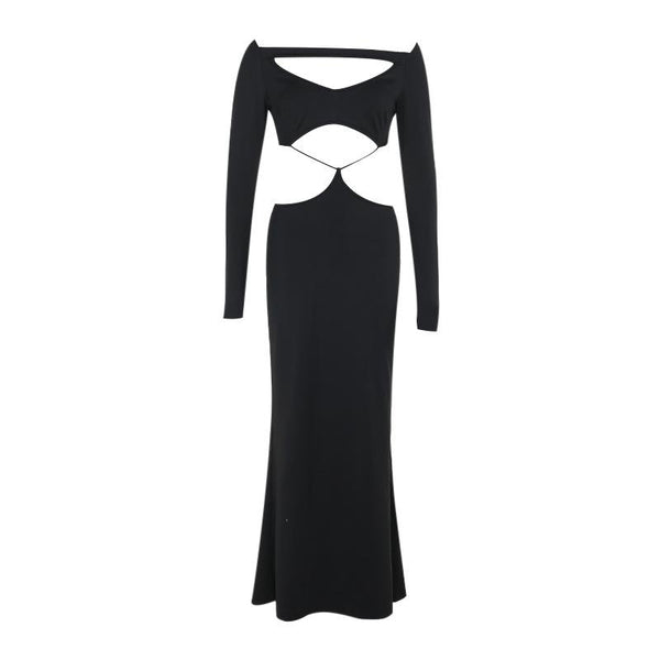 Long sleeve hollow out solid maxi dress