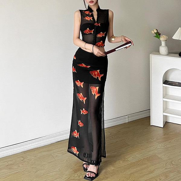 High slit goldfish print button mesh see through maxi skirt set