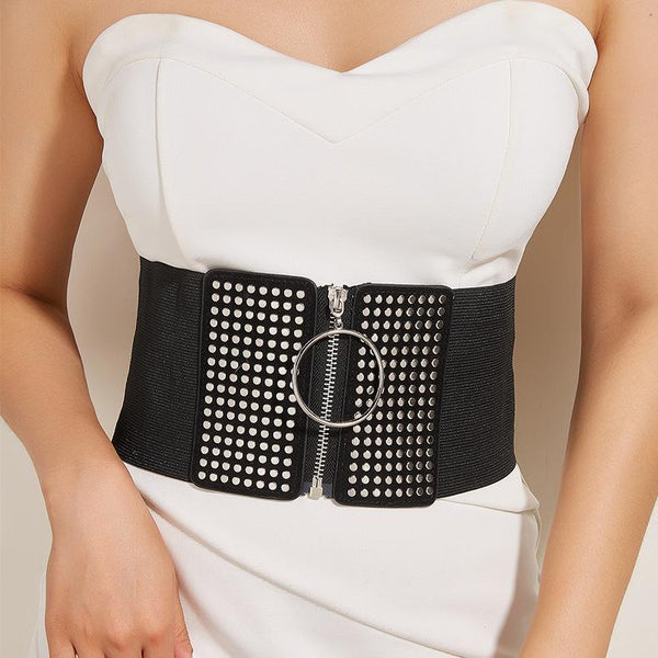 O ring zip-up black patchwork corset