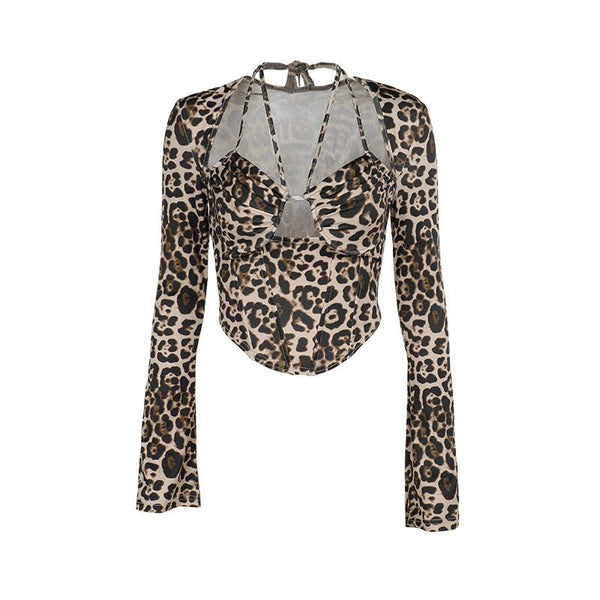 Leopard print halter long sleeve hollow out top