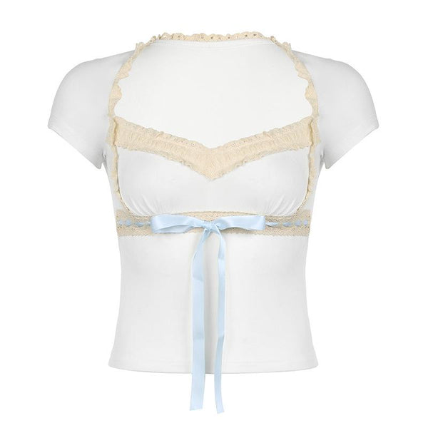 Short sleeve ribbon lace hem bowknot top