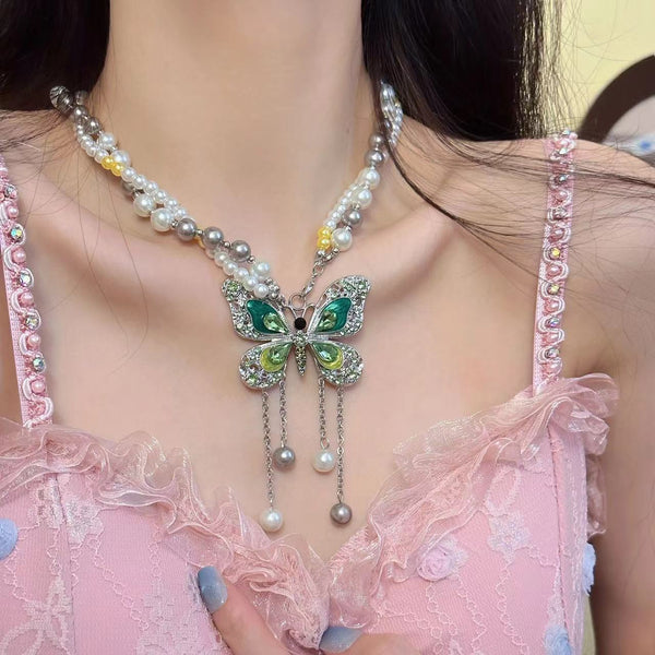 Green butterfly faux pearl choker necklace