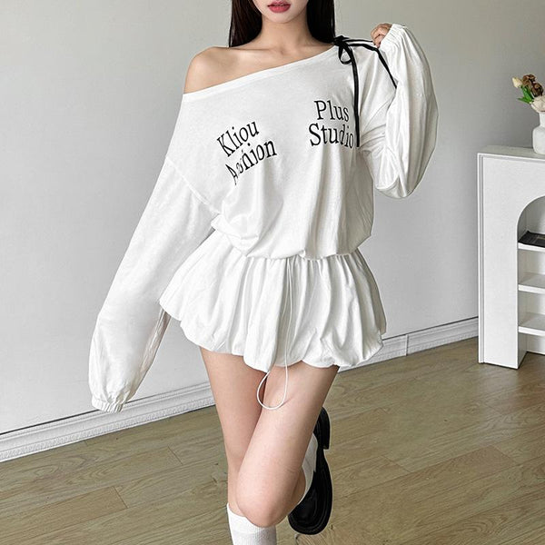 Irregular long sleeve ruched letter pattern mini dress