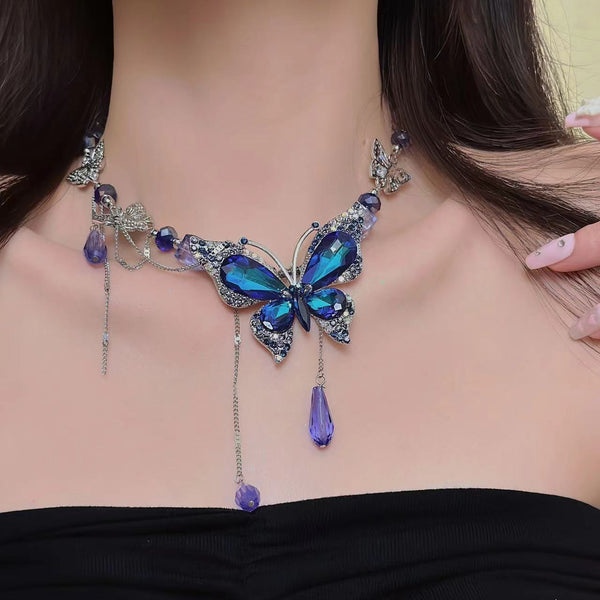 Butterfly beaded pendant choker necklace
