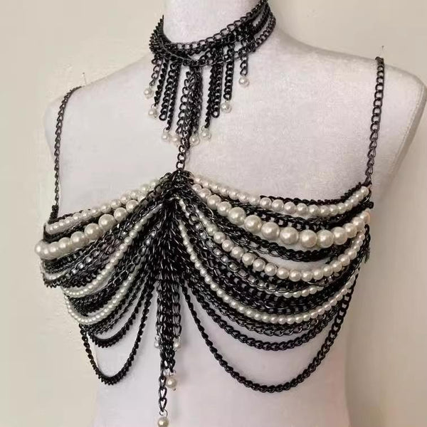 Halter layered beaded metal chain waist chain set