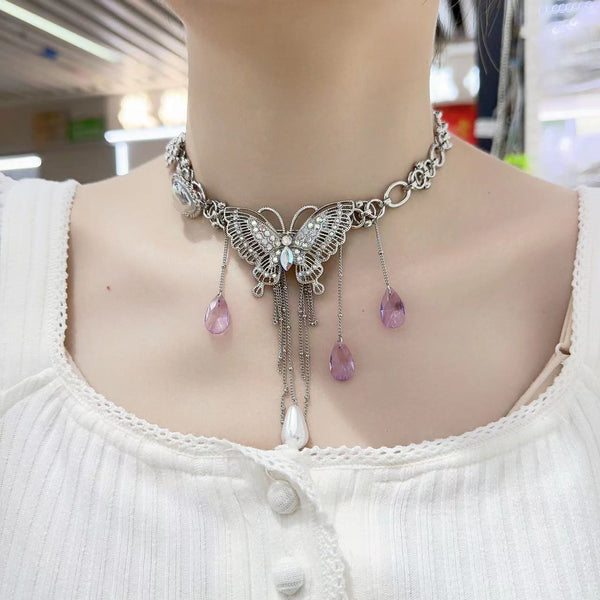 Purple crystal 2 pcs butterfly decor choker necklace