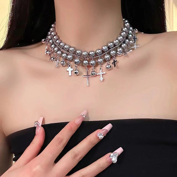 Faux pearl cross layered choker necklace