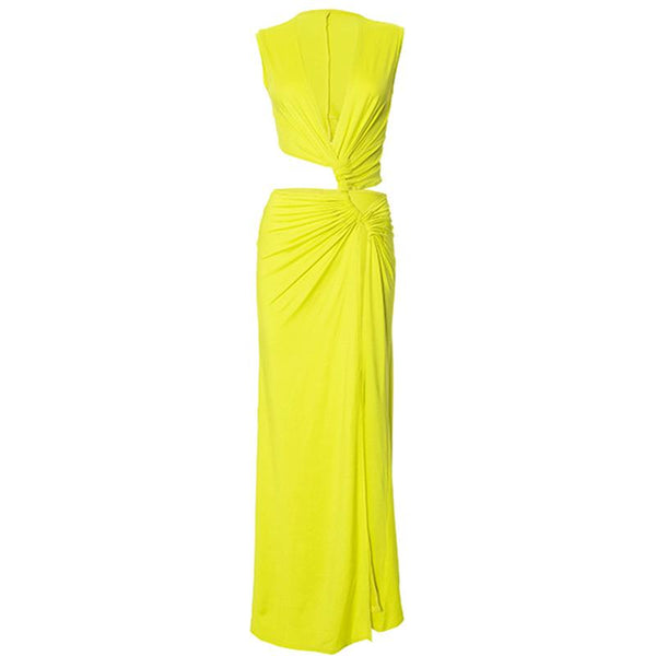 V neck sleeveless high slit ruched maxi dress