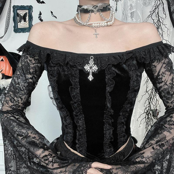 Long flared off shoulder lace cross applique top