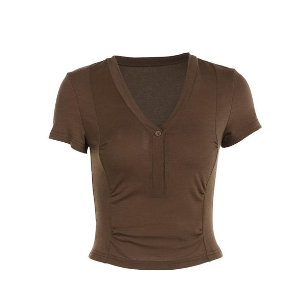 Short sleeve v neck button solid top