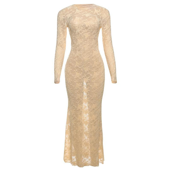 Long sleeve lace crewneck maxi dress