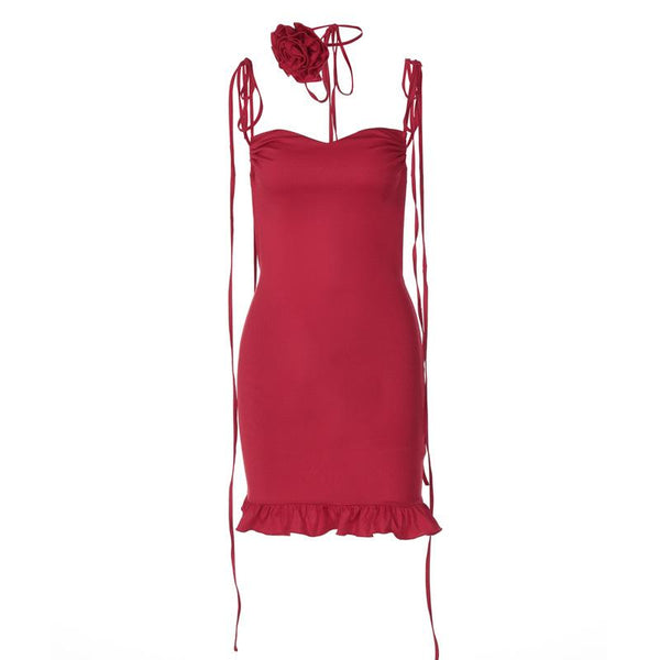 Rose applique ruched ruffle knotted cami mini dress