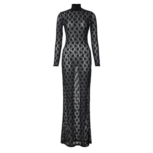 Long sleeve see through high neck lace maxi dress