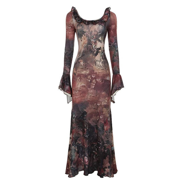 Long flared sleeve abstract print ruffle maxi dress