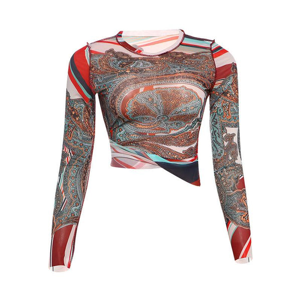 Long sleeve crewneck mesh abstract print top