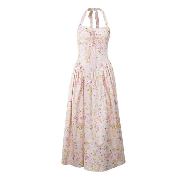 Halter ruched lace hem knotted flower print midi dress