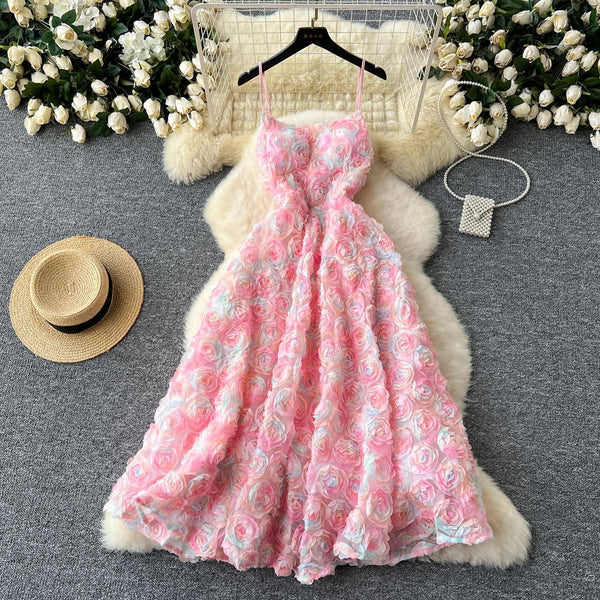 Zip-up u neck flower applique cami maxi dress