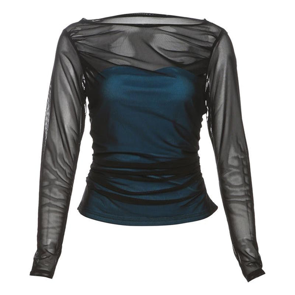 Long sleeve ruched mesh patchwork top