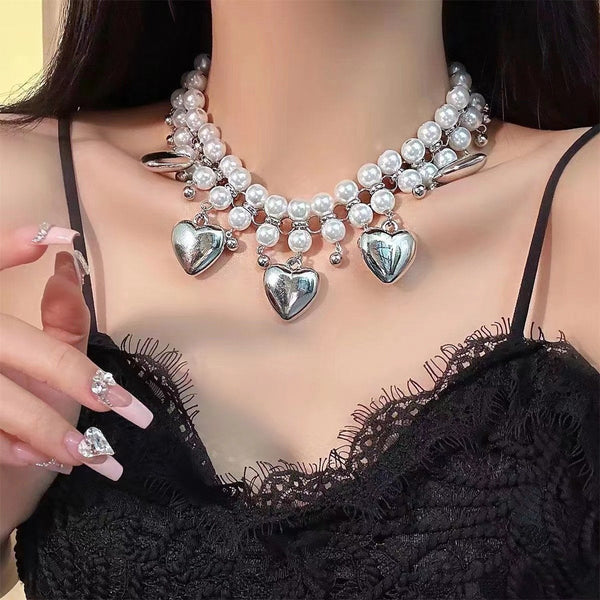 Heart pendant layered faux pearl choker necklace