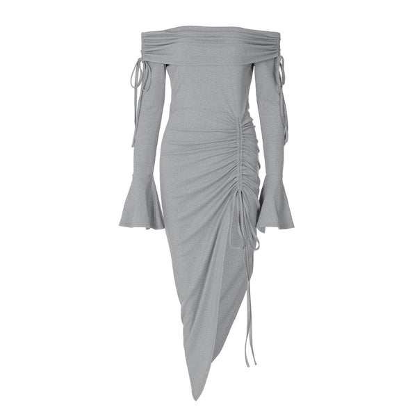 Off shoulder long flared sleeve drawstring ruched midi dress