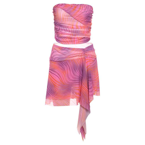 Backless tie dye ruffle tube mini skirt set