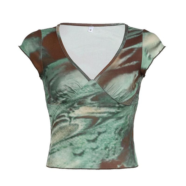 V neck cap sleeve tie dye top