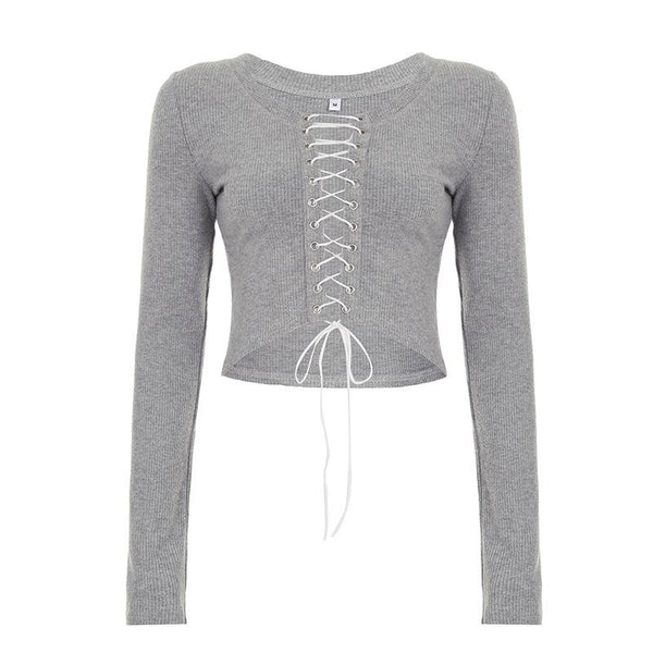 Long sleeve crewneck lace up crop top