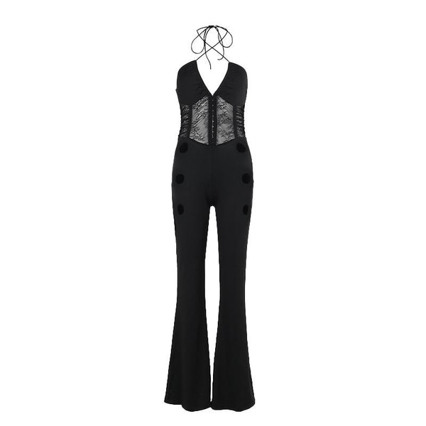 Halter hollow out corset cross front lace jumpsuit