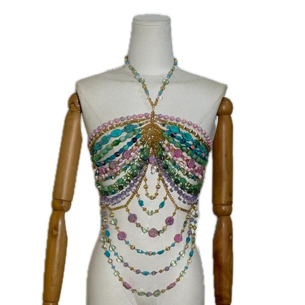 Halter beaded metal chain hollow out top