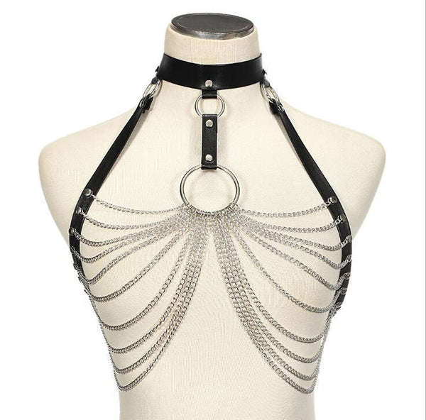 Metal chain PU leather o ring choker harness top