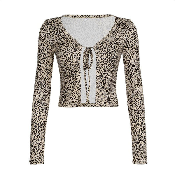 Leopard print long sleeve self tie crop top