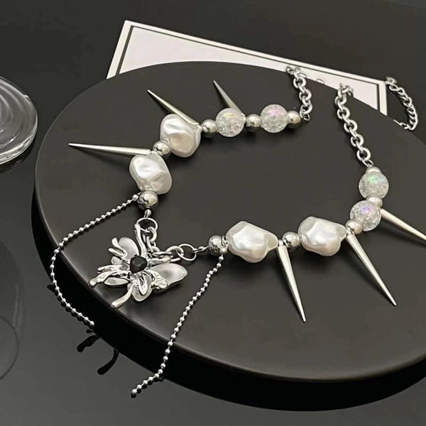 Butterfly pendant faux pearl rivet necklace