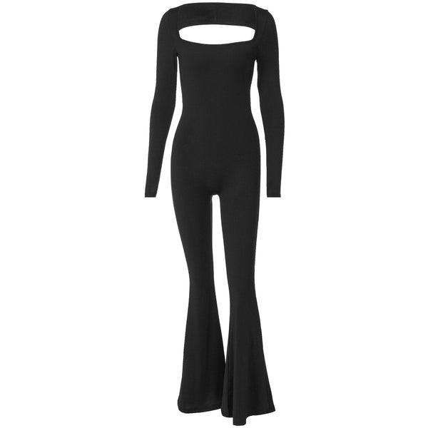 U neck long sleeve backless jumpsuit