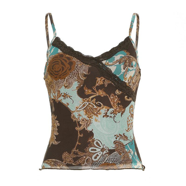 V neck lace hem flower print cami top