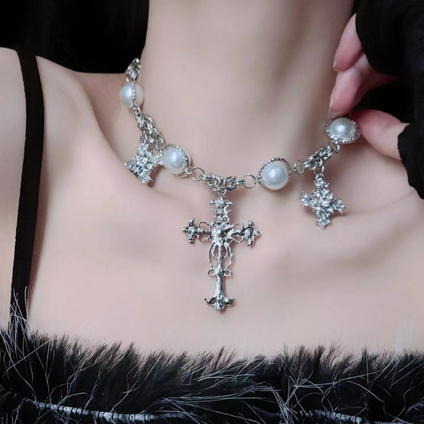 Faux pearl cross pendant choker necklace