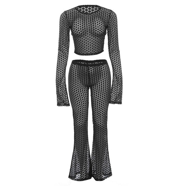 Long flared sleeve hollow out see through crop pant set