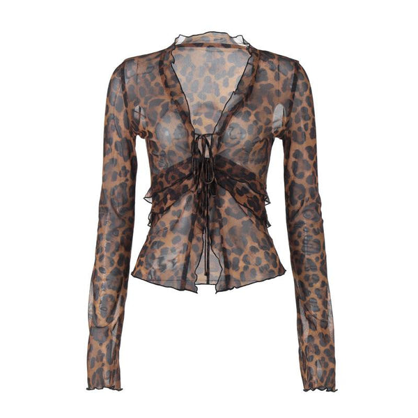 Long flared sleeve leopard print ruffle knotted sheer mesh top