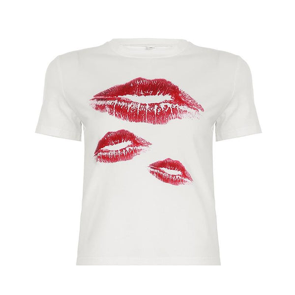 Short sleeve crewneck lips print top