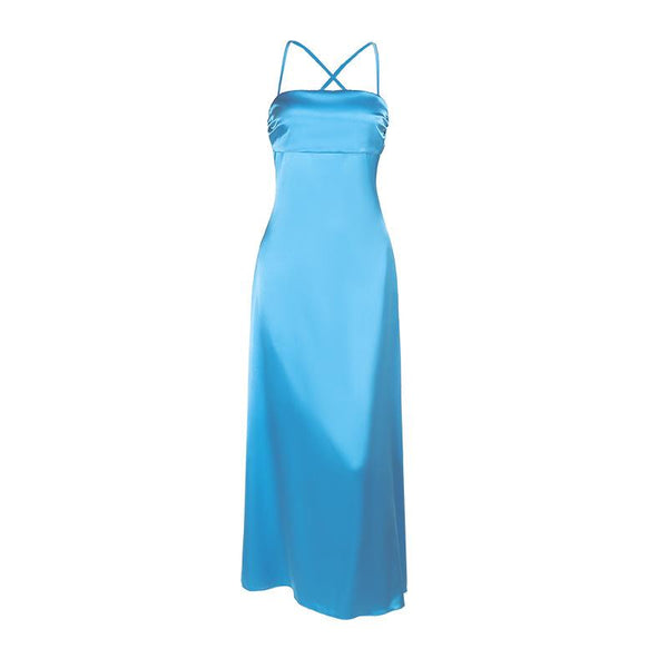 Cross back self tie ruched satin square neck maxi dress