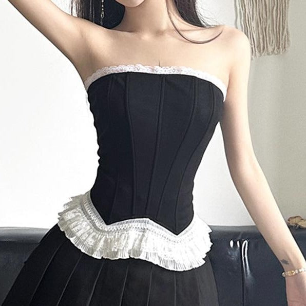 Corset lace hem ruffle zip-up tube top