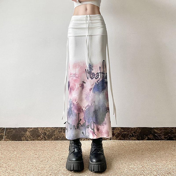 Drawstring abstract print ruched slit maxi skirt