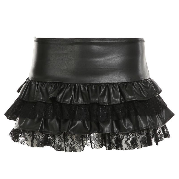 PU leather lace patchwork ruched mini skirt