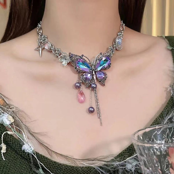 Purple butterfly flower beaded choker necklace
