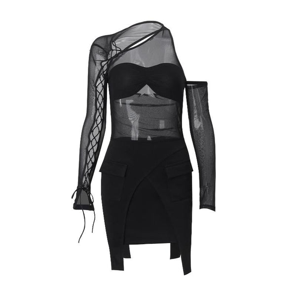 Long sleeve irregular hollow out mesh mini dress