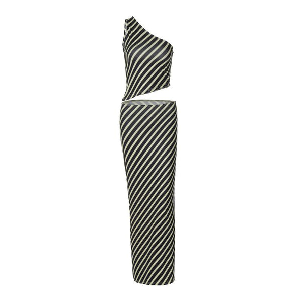 Conjunto de falda larga irregular a rayas con un hombro sin mangas 