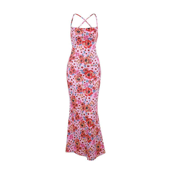 Cross back self tie flower print cami maxi dress