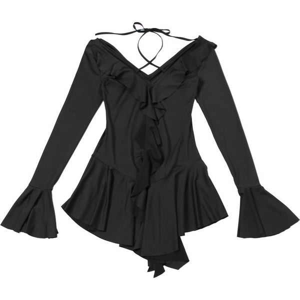 Long flared sleeve self tie v neck ruffle mini dress