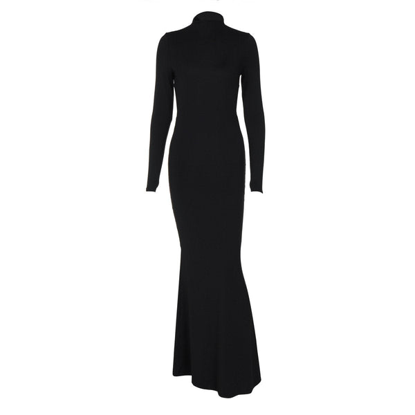 Long sleeve high neck backless solid maxi dress